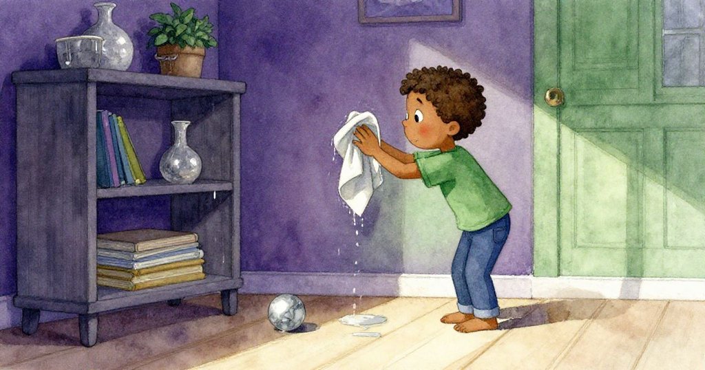 Milo在寧靜的晨光中用布擦拭架子上水滴,地板上彈珠悠然滾動,房間回歸平和清新,情緒溫柔