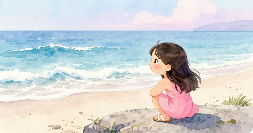 Mira在海灘上蹲下觀察岩石與海浪，晨光溫暖，神情平靜，展現故事開始的寧靜情景。