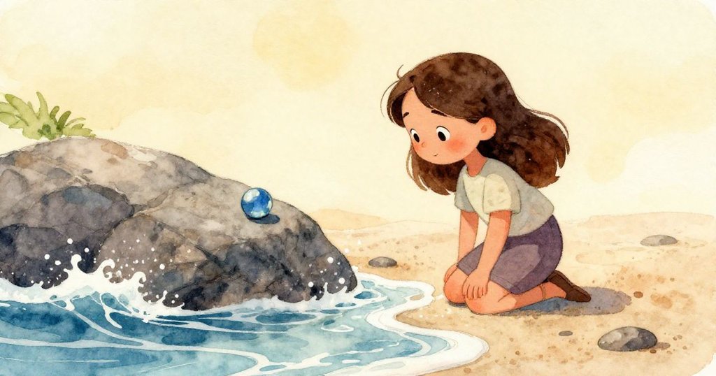 Mira旁邊的藍色玻璃球在岩石上清晰展示，晨光照耀下閃爍，細節豐富展現故事物件的魅力。