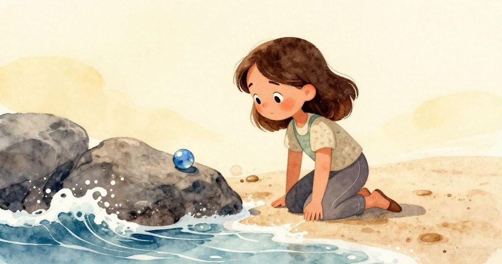 Mira的手輕推著海藻，左側展示海水淹沒岩石，右側藍色玻璃球開始滾動，動作連續表達轉折。