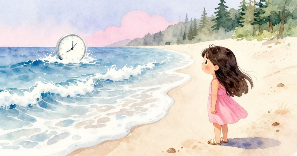 Mira站在廣闊海灘邊緣觀察波浪和泡沫起伏，晨光溫柔，環境寬闊充滿生機，敘述情節轉換。