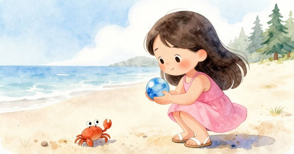 Mira在沙灘上溫柔接住藍色玻璃球，臉上滿是喜悅，小蟹湊近互動，故事達到溫馨高潮。