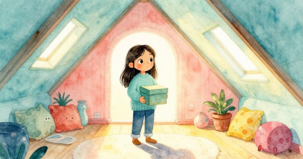 萊婭在小閣樓內,清晨光線映照下抱著生日禮物盒,她的身影輪廓鮮明,展現期待與希望,環境溫暖而明亮。