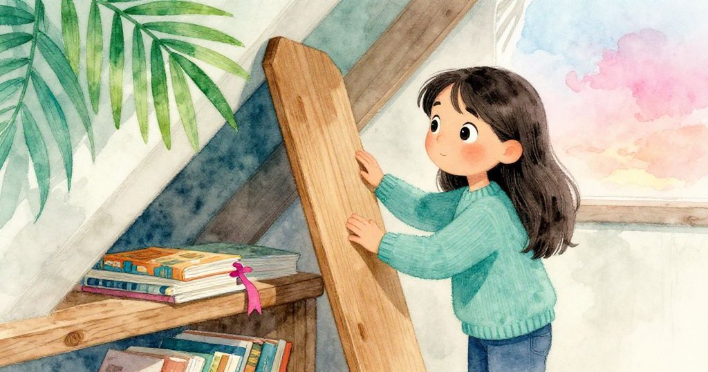 萊婭在閣樓中專注檢查藏有彩帶的木板,旁有雜誌散落,臉上流露出好奇與探索,情節逐步展開。