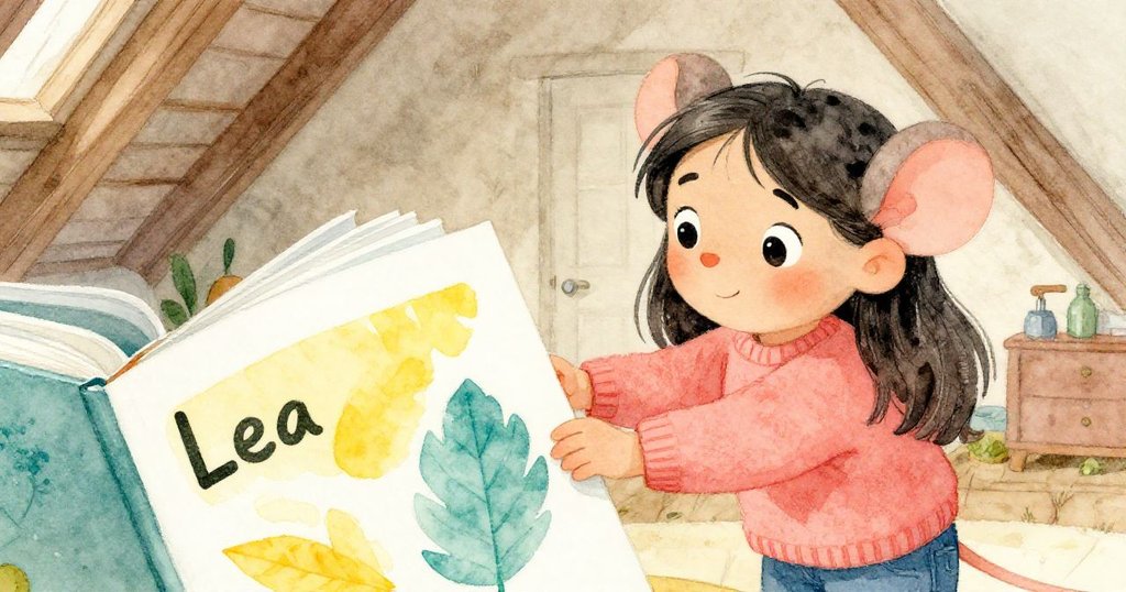 一隻好奇的小老鼠從低角度注視著,萊婭輕推雜誌露出隱藏傳單,溫暖光影中散發出故事發展的微妙線索。