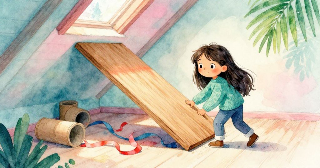 木板抬起瞬間,紙板筒滾動,明亮彩帶灑落在閣樓木地板上,動感場面展現出情節的高潮轉折。