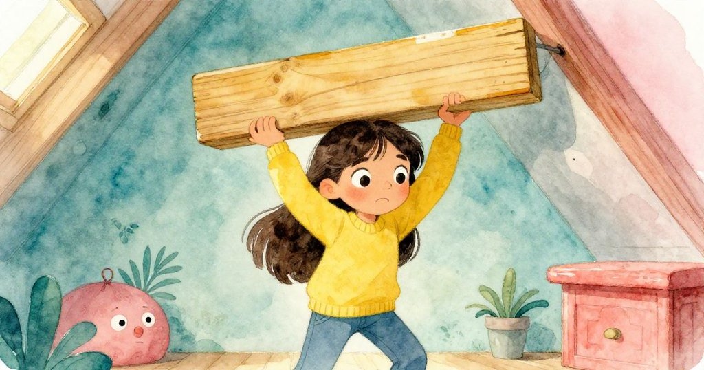 萊婭奮力舉起沉重木板,臉上情感從猶豫轉為堅毅,光影交錯中呈現挑戰與勇氣的轉變。