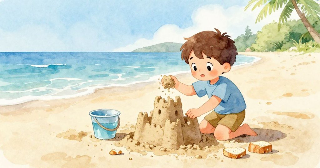 Leo在海灘上舀濕沙堆城堡，旁邊桶中水和麵包屑灑落，陽光明媚展現活潑開始旅程。