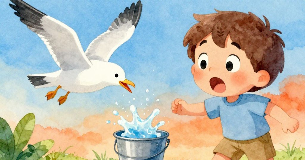 Leo驚訝地盯著海鷗輕觸水桶，水花四濺，海灘背景與藍天呈現動感故事發展。