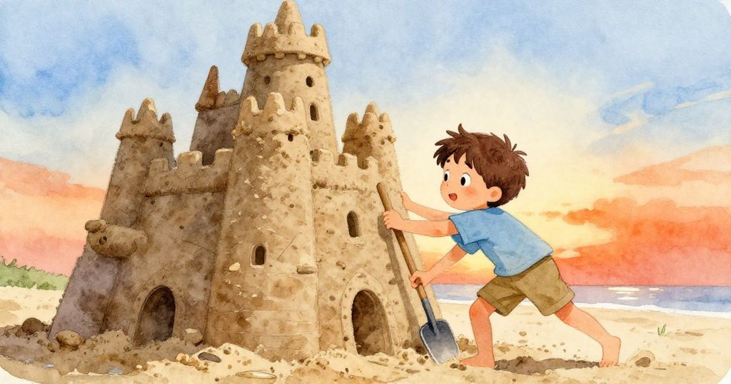 從低角度看，Leo努力用鏟子扶正傾斜的沙堡塔，夕陽映照下展現堅定與挑戰。