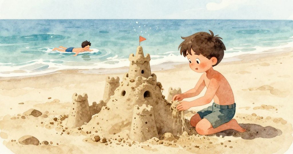 小螃蟹急速從沙堡隱藏的洞口爬出，開始挖掘柔軟沙牆，細膩光影突顯神秘角落。