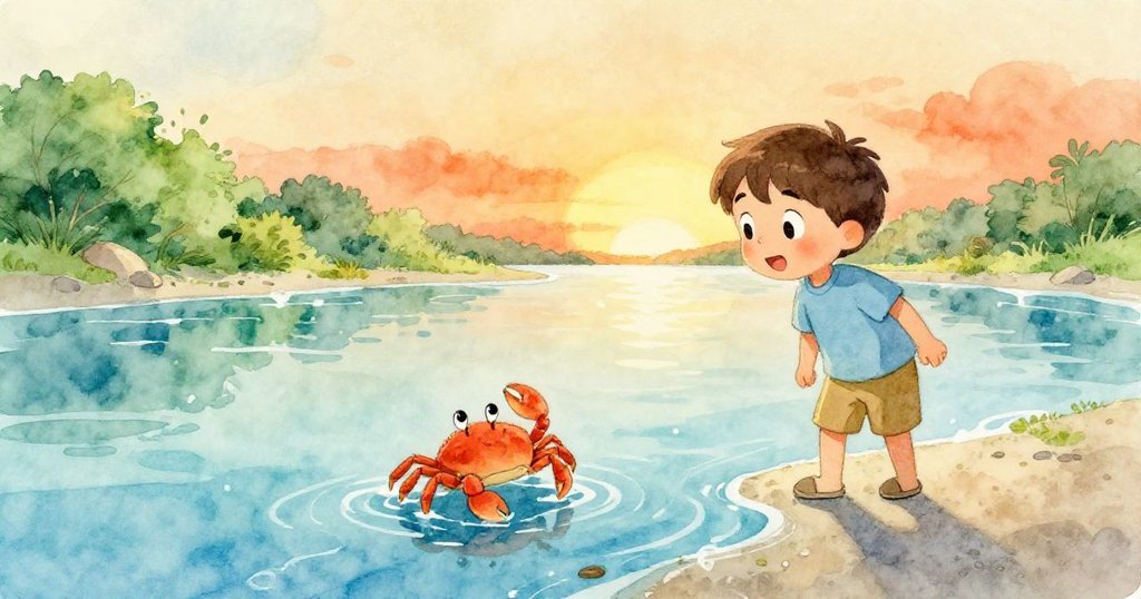 小螃蟹沿閃光水溝向深水奔去，Leo溫情目送，海灘夕陽下呈現溫暖告別與循環新生。