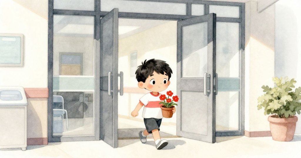 本正走入明亮醫院大廳,手持小花盆內的紅色花朵,面帶期待,背景現代醫院入口光影交錯。