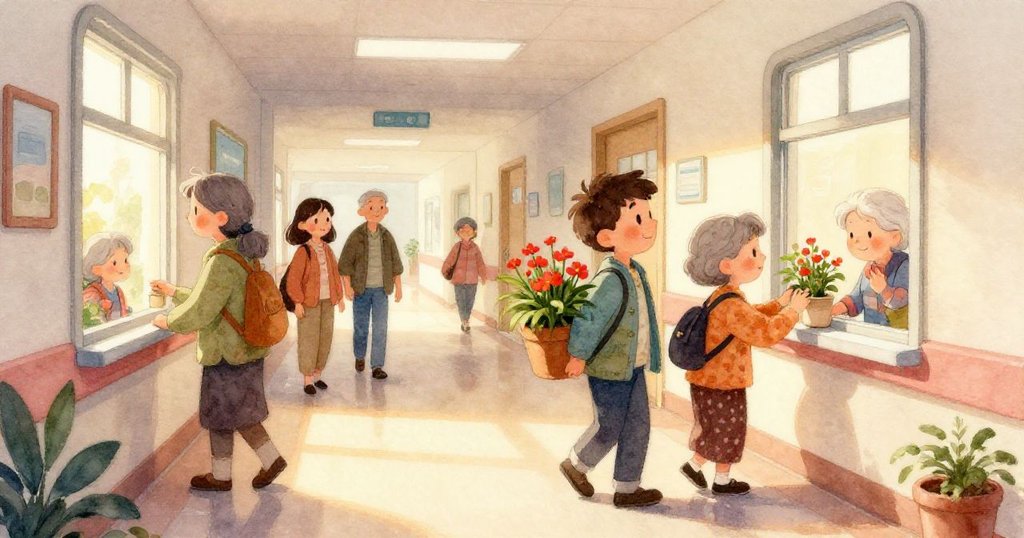 本細膩手握紅花花盆,花朵鮮豔,象徵關愛,背景淡雅光線中透露溫馨情感。