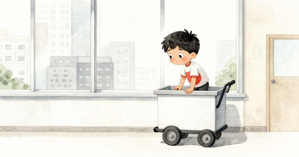 本站在移動推車上,眺望高窗,手持花盆,滿懷決心尋求幫助,現代醫院背景映襯溫暖光線。