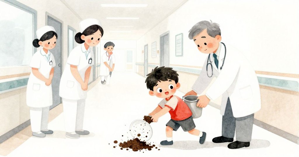 本面臨失衡時,緊抱花盆土濺滿鞋面,護士與醫生迅速幫忙,表現互助關懷與緊張氛圍。