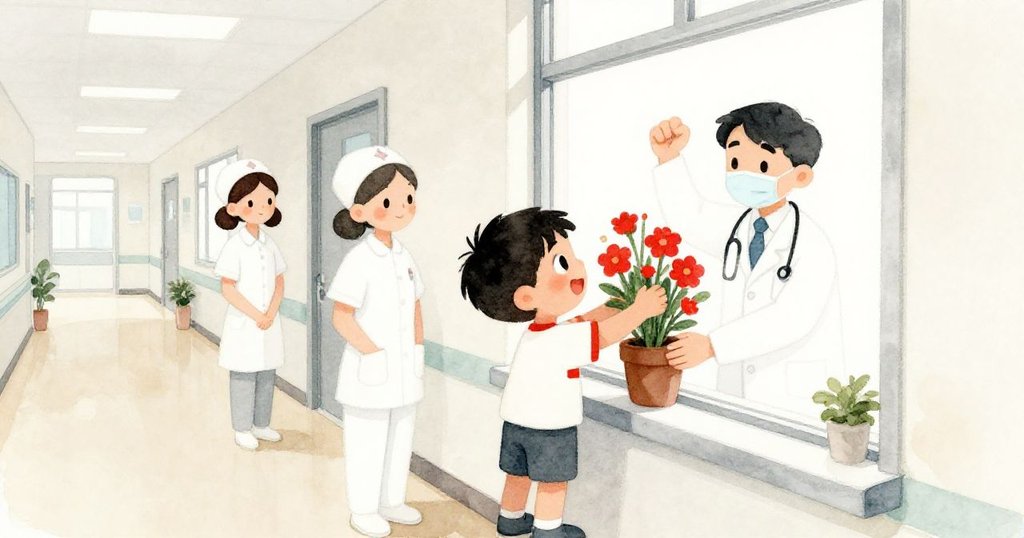 本最終克服困難,在醫護協助下將花盆安放窗台,喜悅舉拳慶祝成功,醫院光影溫暖安寧。