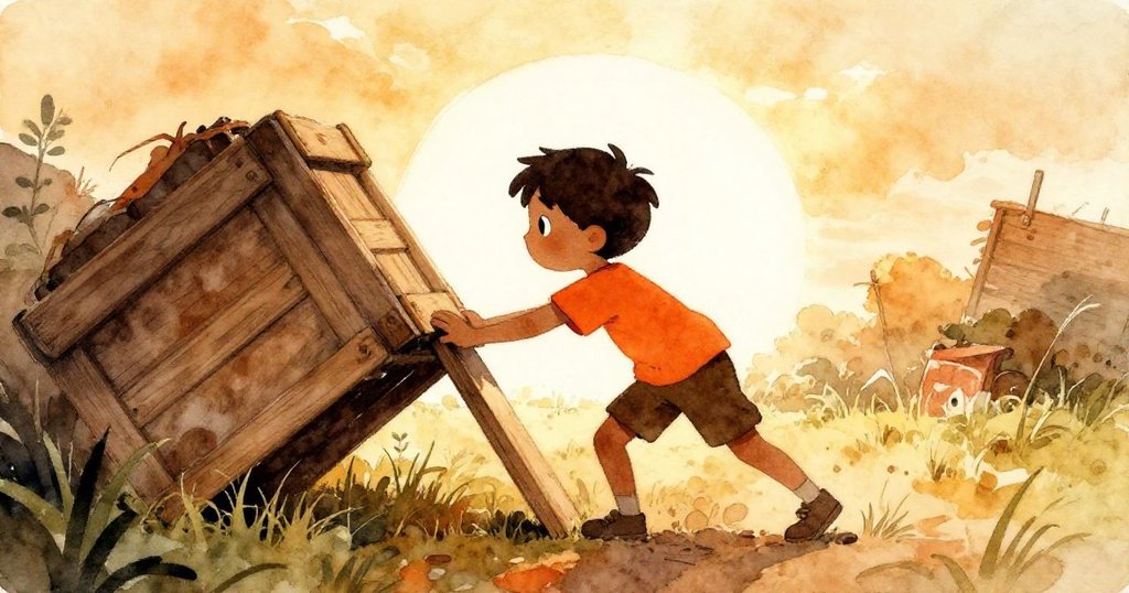 米洛在晨曦中推動木板靠近斜倚貨箱，他專注而堅定，戶外景緻展現冒險起點與希望。