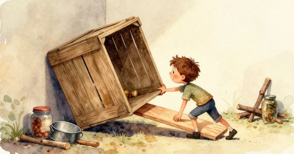 米洛旁邊的木板滑動撞擊發出清脆聲響的鐵碗，象徵連鎖反應開始，溫暖色調細節豐富。