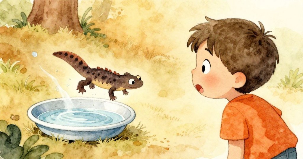 米洛從背後觀察，驚訝看見小蝾螈從水盤中跳起，展現連鎖反應中活潑又奇妙的瞬間。