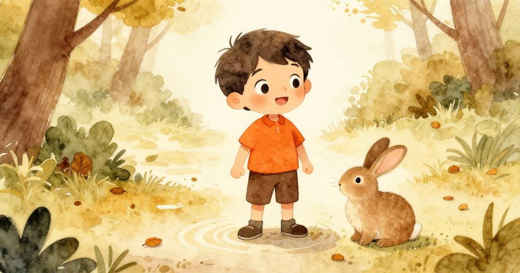 米洛站在開闊小徑上，笑容燦爛迎向未來，背後散落樹葉與輕柔漣漪，小兔靜靜陪伴，展現冒險結束與新起點。