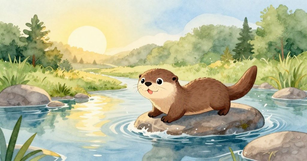 小水獺Olly從平滑岩石滑入晨光映照的河流中，充滿好奇與動感，環境充滿葉子和自然的光影。