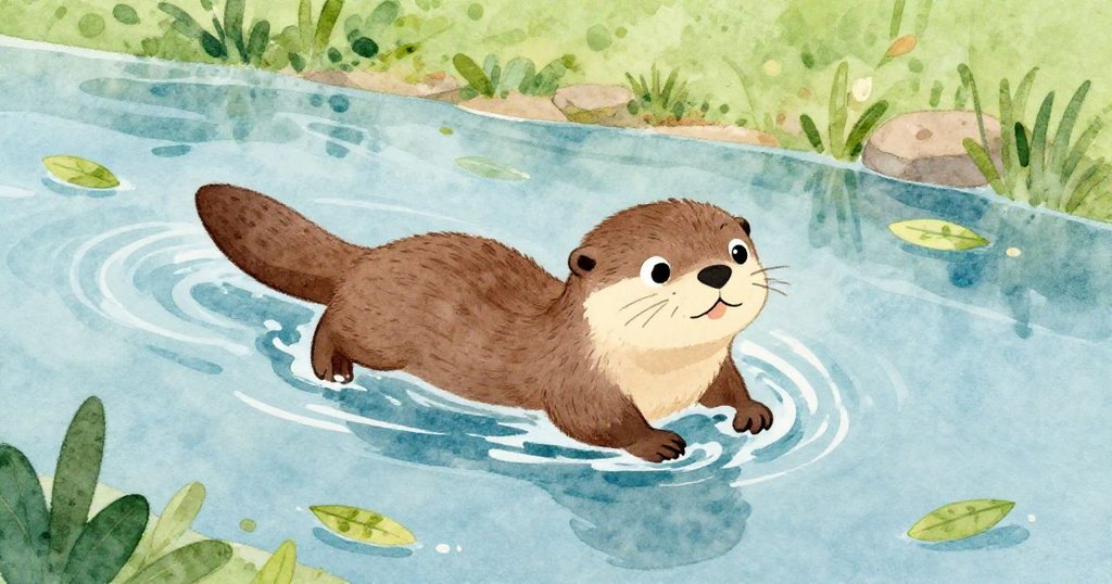 小水獺Olly在清澈河流中劃水，水面波光粼粼，落葉隨水漂浮，展現活潑探索的足跡。
