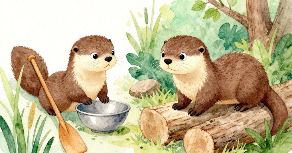 小水獺Olly好奇地靠近兩塊老樹木間的物品，一邊是木槳一邊是金屬碗，環境綠意盎然、充滿謎樣氣氛。