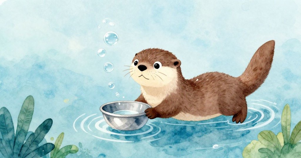 小水獺Olly在水下輕推金屬碗，水面冒出泡泡，日光斑駁，呈現出水中奇妙探索與動態之美。