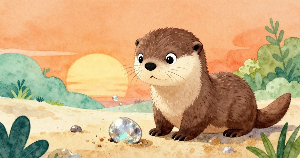 小水獺Olly凝視手邊閃閃發光的石英卵石，沙粒飛舞，神情充滿思索和驚奇，夕陽映襯自然之美。