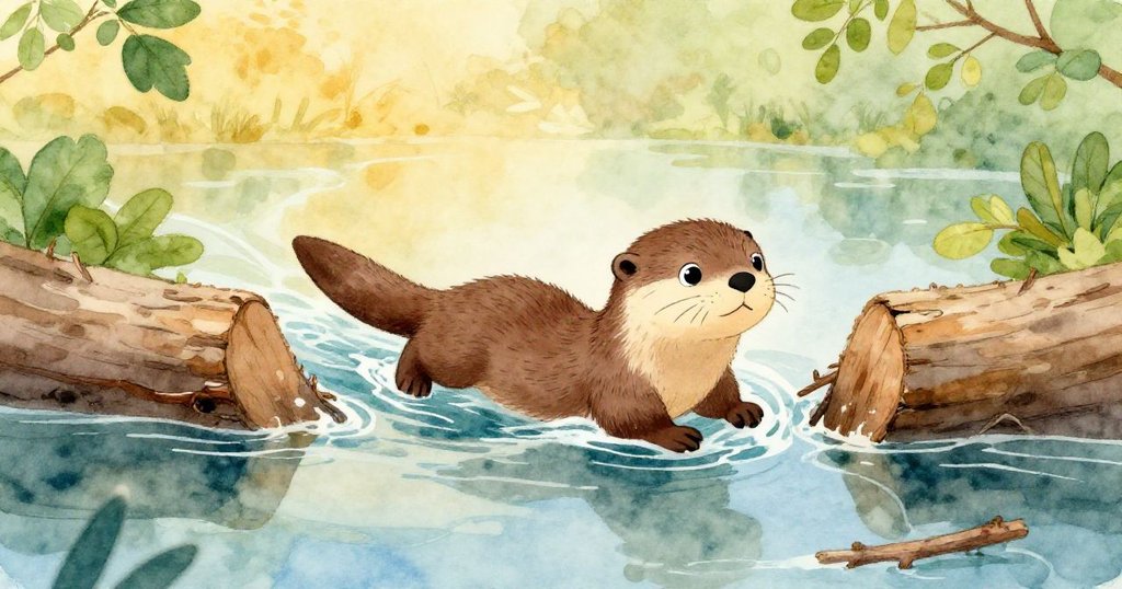 小水獺Olly穿過打開的樹樁縫隙，水流帶動樹枝漂動，象徵著全新冒險與自然更新，情感滿懷希望。