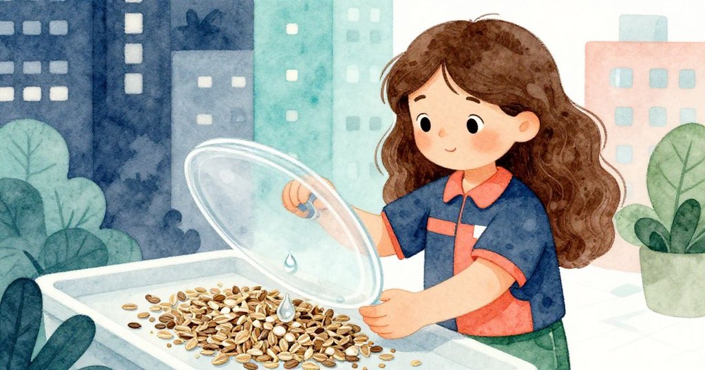 諾拉以溫柔動作捧著透明蓋子,蓋子上滴滿水珠,象徵守護種子,細節豐富呈現城市現代風景。