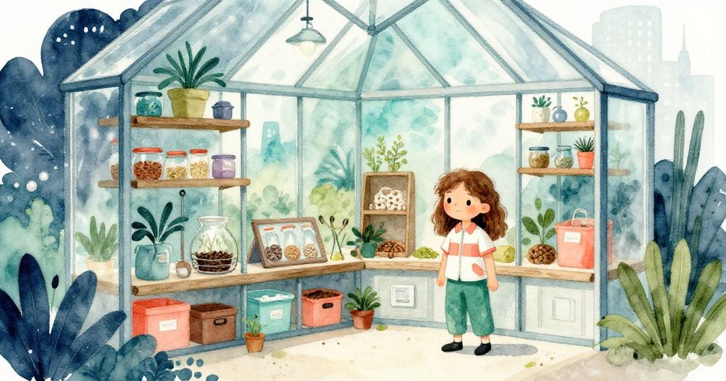 諾拉小心穿過玻璃溫室中的隱蔽角落,尋找藏匿的種子與工具,光影交錯,展現故事發展與神秘感。