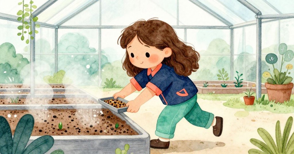 在霧氣間斷時刻,諾拉專注地推動種子托盤,表情堅定並精準操作,展現內心掙扎與努力。