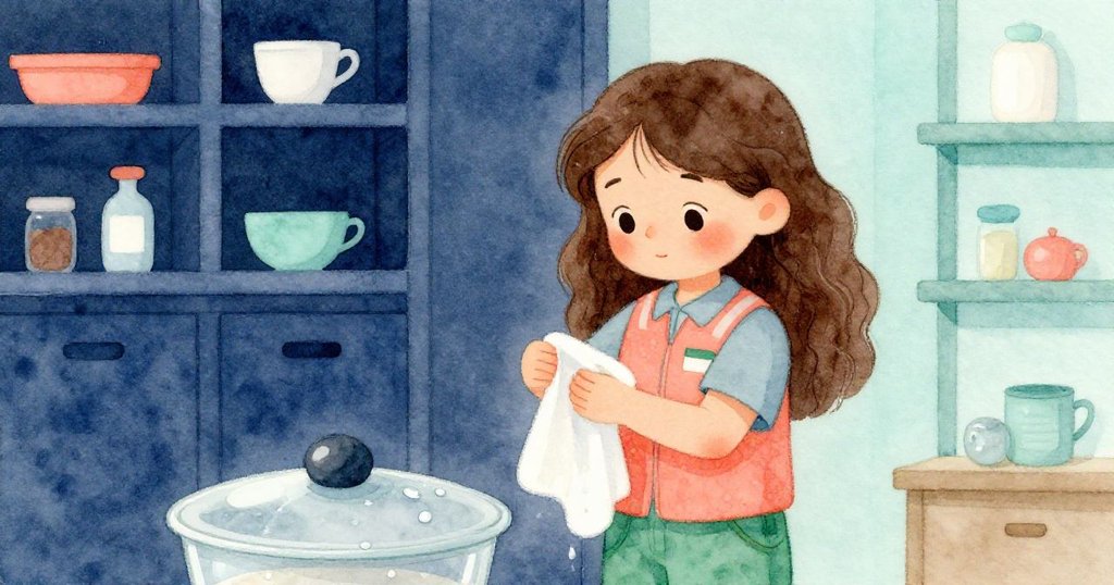 諾拉工作後走向儲藏室,輕輕擦拭潮濕衣袖,臉上流露出平靜與滿足,細節呈現故事尾聲。