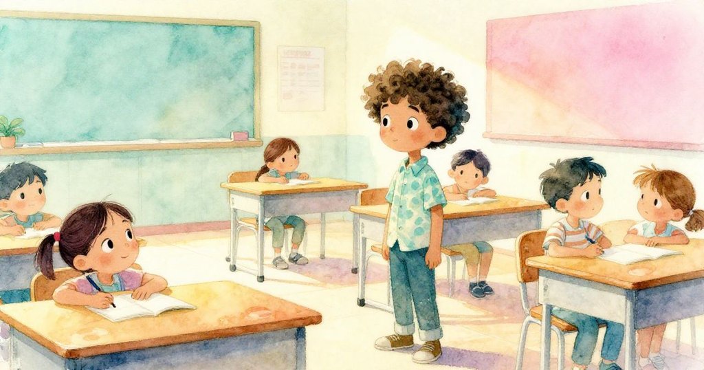 米洛站在柔和晨光灑落的教室中，靜謐中準備上課，桌椅整齊，神情充滿期待與平靜。