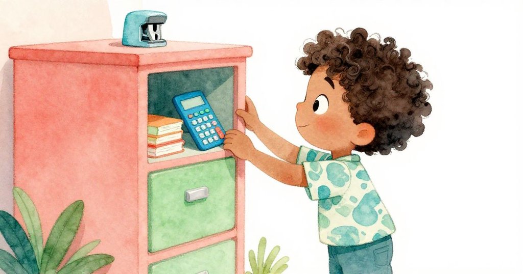 米洛伸手接近高大的文具櫃，目光鎖定裡面藍色計算機，神情堅定充滿期待，背景教室溫暖明亮。