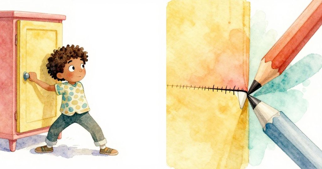 米洛用力拉扯櫃門，畫面右側特寫展示鉛筆在隱藏縫隙上劃出細線，神情專注充滿驚喜發現。