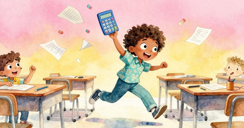 米洛迅速彎腰拾起藍色計算機，桌下橡皮和彩紙活躍跳躍，動感十足展現課室中快樂氛圍。