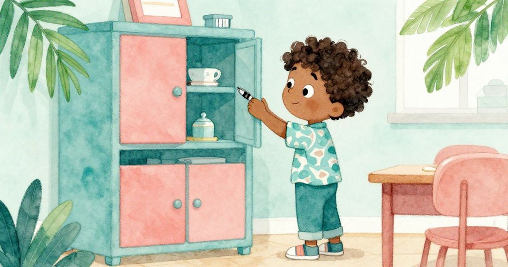 米洛滿意地關上松動櫃板，小心將修正器歸位，教室背景充滿溫暖光影，畫面展現結束後的寧靜與安詳。