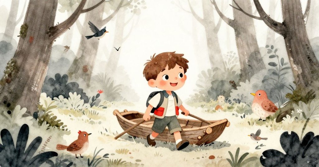 本穿著探險服，在陽光森林空地中搬運樹皮筏，四周鳥鳴動物圍繞，神情期待而愉快。