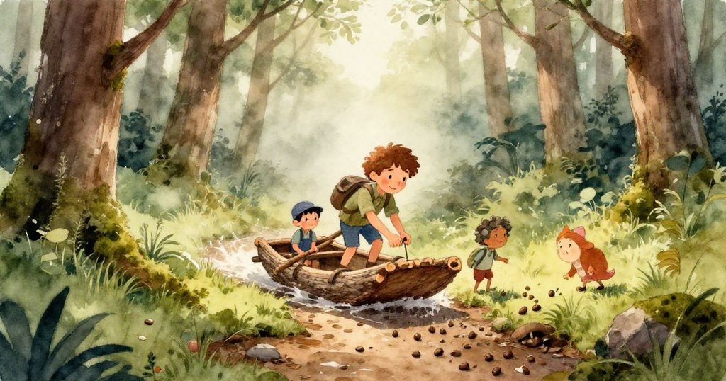 本細心地用手指觸摸樹皮筏上的松籽，背景苔蘚映襯，神情專注溫暖。