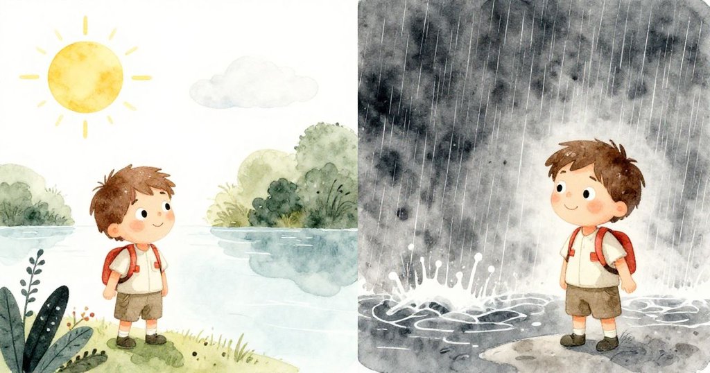 本在分割畫面中，一側陽光下乾澀溝渠中放置樹皮筏，另一側急雨中流水激盪，神情留意。