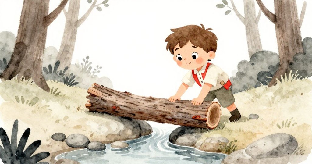 本站在嶄新的石台上，小心翼翼地將樹皮筏擱置於淺溝中，周遭寧靜，散發新奇感。