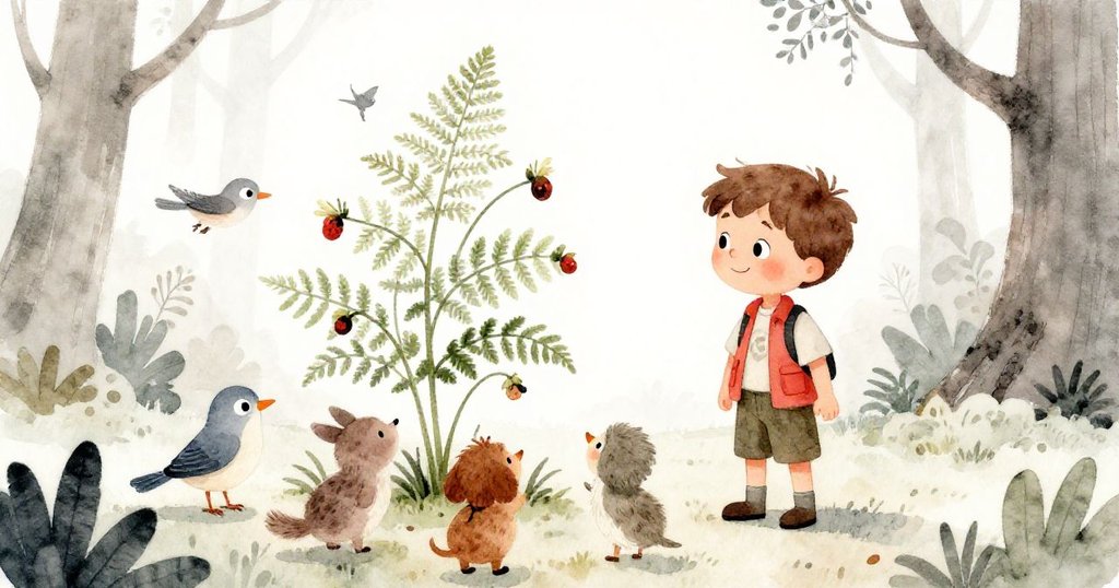 本與鳥獸共享自然歡慶，新生松籽在高蕨間萌發，他滿臉欣喜，感受大自然的溫暖喜悅。