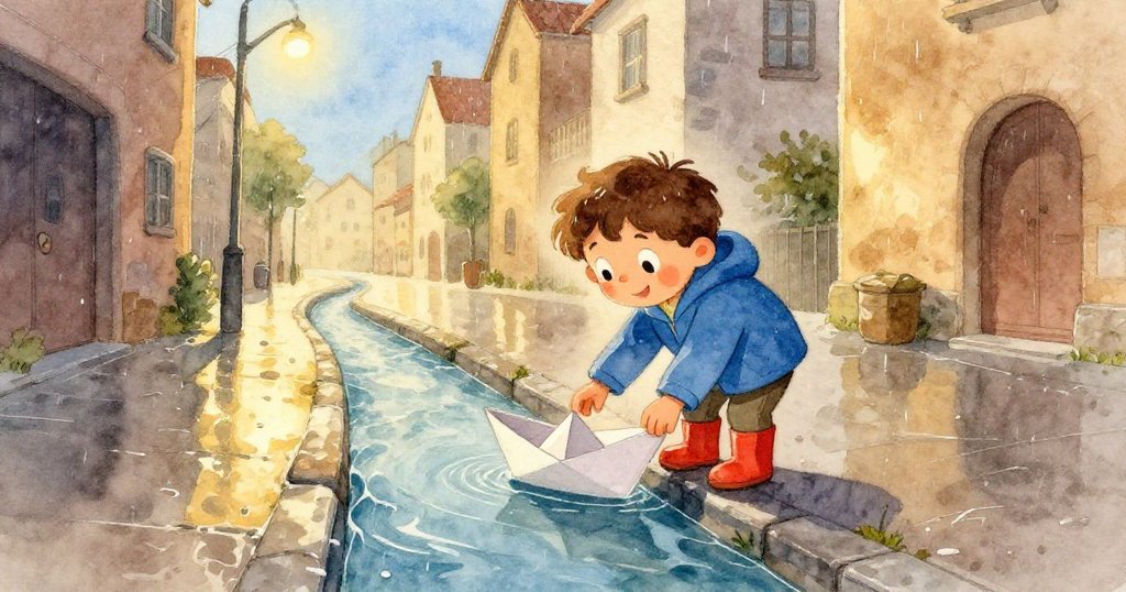Luca在濕潤街道上放紙船，臉上洋溢著興奮與希望，晨光與雨滴映出故事開端