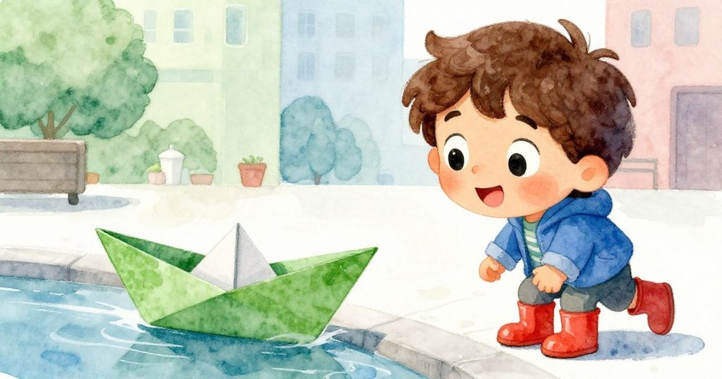 Luca聚精會神注視紙船劃水，眼神中充滿好奇與驚喜，街邊濕潤呈現生動氣息