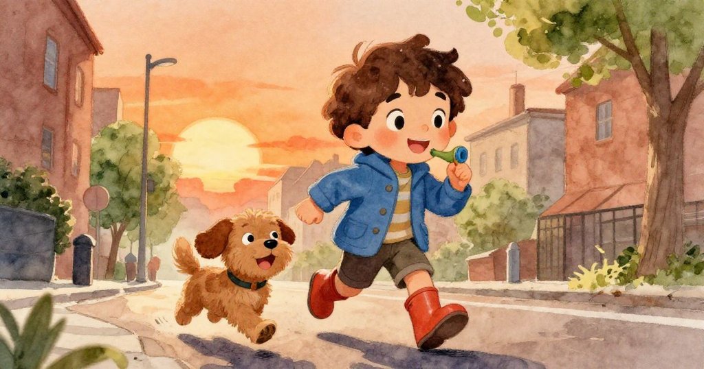 Luca戴著會吹口哨的玩具，與快樂的狗狗奔跑，低角度呈現夕陽餘暉，洋溢冒險氣息