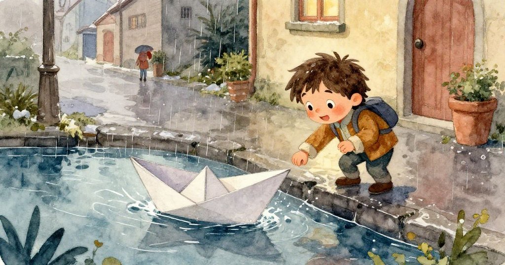 從高處俯瞰，落葉堵塞排水口，水窪中輕托塑料瓶，街道細節與清新色彩交織