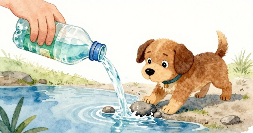 瓶子傾倒液體入水，狗狗輕觸小石頭引發水花四濺，動感演繹都市雨天活力